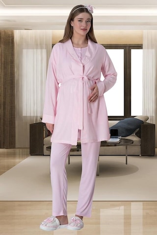 Mecit Pijama Mecit 6001 Bayan Pembe Çizgi Sabahlık Hamile Lohusa Pijama Takımı 001