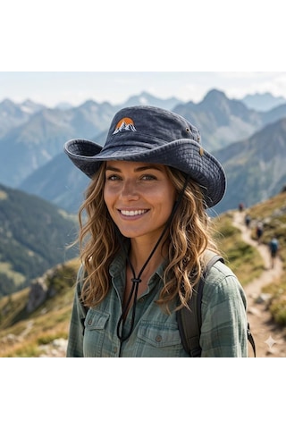 Valkyrie Outdoor Balıkçı Şapkası Geniş Kenarlı Dağ Nakışlı Kamp Yürüyüş Balıkçı Şapka Lacivert Lacivert