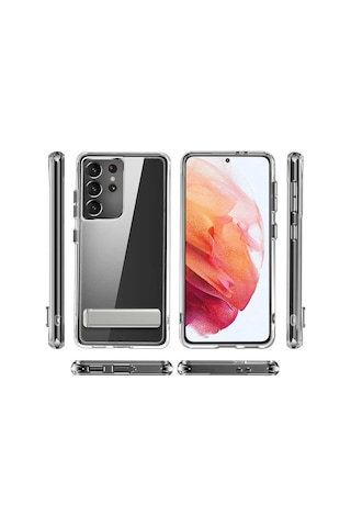 Galaxy S21 Ultra Kılıf Standlı Şeffaf Silikon Zore L-stand Kapak Renksiz