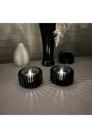 3d Baskı Modern Çizgili Mumluk - Tealight Mumluk 1 Adet -siyah Çok Renkli