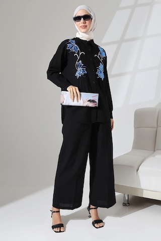 Mihran Butik 100% Pamuk Keten Günlük Ve Rahat Çiçek Desen Nakışlı Pullu Gömlek Pantolon Yazlık Alt Üst Takım Siyah