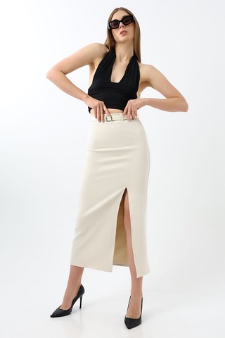 Winmoda34 Kadın Uzun Kemerli 92cm Maxi Boy Yırtmaçlı Süet Etek Ekru