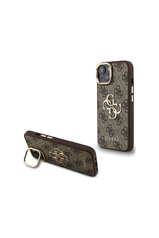 Apple Uyumlu iPhone 15 Kılıf Guess Lisanslı Metal 4g Ve Yazı Logolu Kamera Standlı Kapak Kahverengi