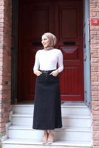 Vellıchor Doğal Kumaşlı Kemerli Kot Etek- 001