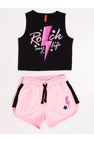 Denokids Mushi Rock Life Kız Çocuk Şort Takım Çok Renkli