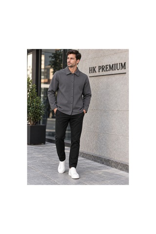 Hk Premium Erkek Gri Double Face Pike Gömlek Ceket Regular Fit, Çıtçıtlı, Uzun Kollu, Smart Casual