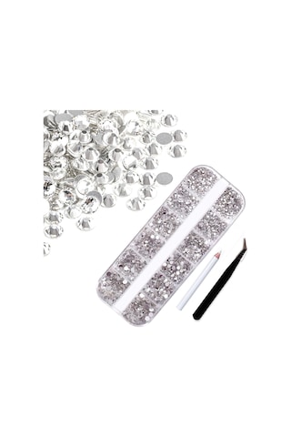 Kangvka 12 Izgara Tırnak Sanatı Cam Düz Tabanlı Elmas Seti - Beyaz Elmas + Kalem + Pinçer Tırnak Aletleri Çok Renkli