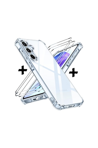 Samsung Uyumlu Galaxy A55 Kılıf Köşe Korumalı Şeffaf Silikon +9h Cam Set