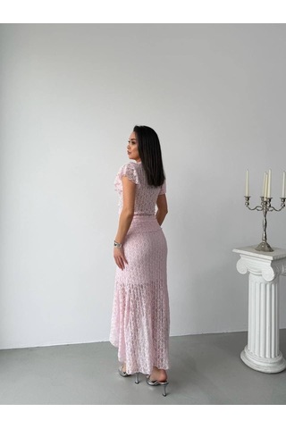 Elaxi Kadın Kısa Kollu Fırfır Detaylı V Yaka Dantel Bluz Pembe