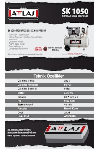 Attlas SK1050 230 V 8 Bar 50 LT Monofaze Sessiz Kompresör