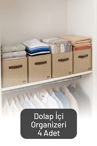 4'lü Çok Amaçlı Dolap İçi Düzenleyici, Raf Düzenleyici, Oyuncak Çamaşır Saklama Kutusu 30x30x30 Cm Kahverengi