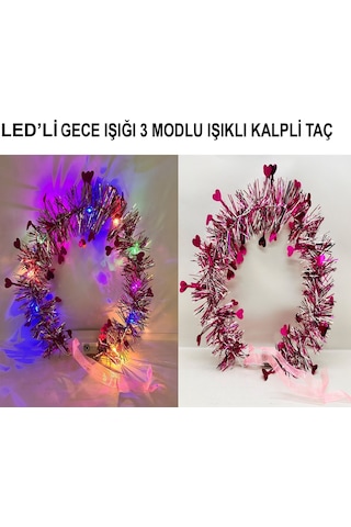 Kalp Püsküllü Gece Parıltısı 3 Modlu Led Li Işıklı Taç Fuşya Renk