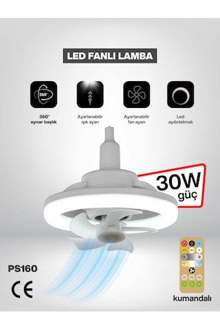 360 Dönen Tavan Vantilatörü Işık E27 Ampul Duylu Akıllı Fan Uzaktan Kumandalı Led Fan Işık 30w
