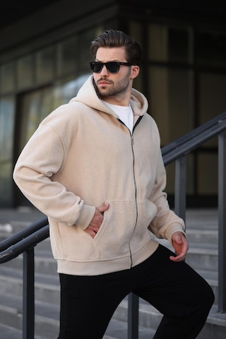 Madmext Bej Kapüşonlu Erkek Polar Hırka E7168 Bej