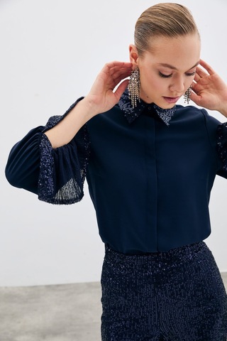 Sateen Payet Detaylı Gömlek - Lacivert