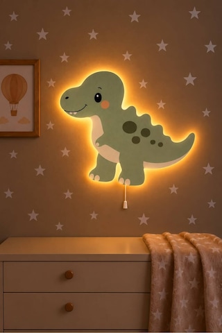 Ahşap Dinozor Gece Lambası Yıldız Hediyeli Pilli Ledli Bebek Çocuk Odası-dino2 Yeşil