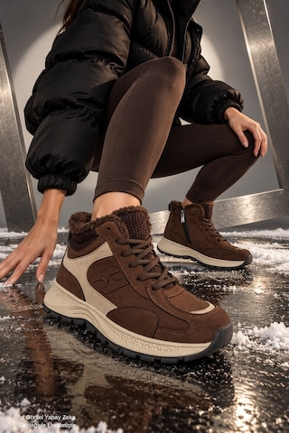 Muggo Nortex Kürklü Fermuarlı Kalın Taban Bağcıklı Kışlık Kadın Sneaker Bot Kahverengi