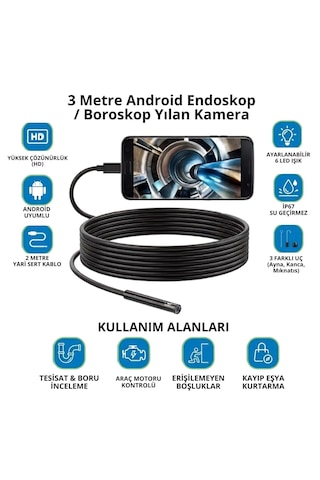 3 Metre Android Telefon Uyumlu 6 Led Işıklı Su Geçirmez Endoskop / Boroskop Yılan Kamera Hd 5668