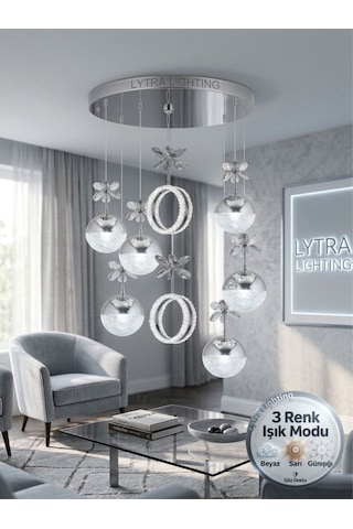 Luxe Model 8'li Gümüş 3 Renk Modu Ledli Kristal Taşlı Modern Salon Mutfak Oturma Odası Led Avize Gümüş