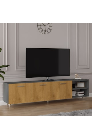 Asra Trend Tv Ünitesi T-22 %100 MDF 200 cm Büyük Boy Tv Sehpası Dolaplı Raflı Petra-Koyu Gri