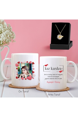Kişiye Özel Fotoğraflı Kız Kardeş Tasarımlı Kupa Ve Papatya Kolye