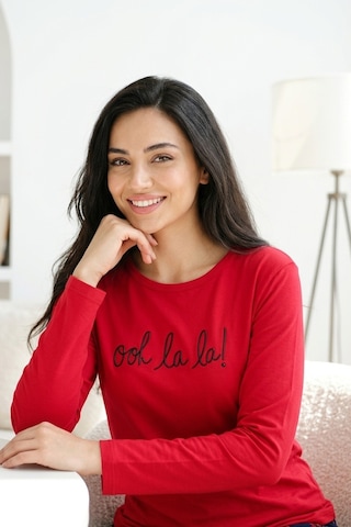 Aura Collections Kadın Desenli Bambu Viskon Uzun Kollu Soft Örme Mevsimlik Pijama Takımı Kırmızı