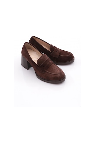 Dgn 361 Kadın Topuklu Loafer Ayakkabı Kahve Süet
