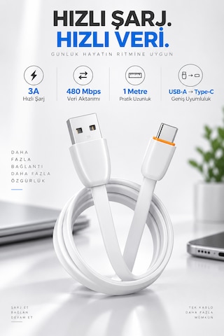 Type-c Şarj Ve Data Kablosu 100 Cm 3a Yassı Esnek Sakız Kablo Usb-a To Type-c 1 Metre Şarj Kablosu
