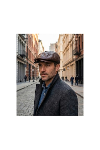 Emybox %100 Hakiki Deri 8 Köşe Kasket Şapka - Peaky Blinders Tarzı Lastikli Erkek Şapka Koyu Taba Kahve