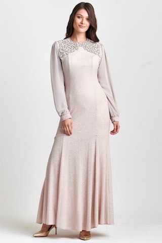 Bej Önü Lazer Işlemeli Abiye Elbise Bej