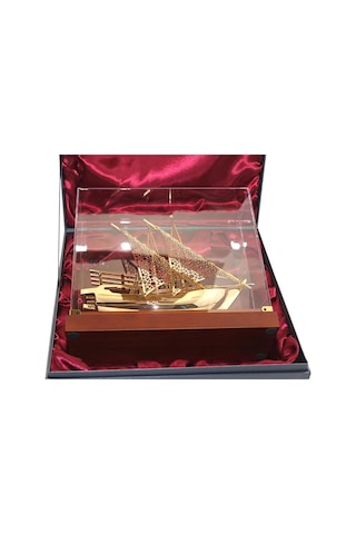 Pirinç Yelkenli Gemi Altın Kaplama Katar Dhow Teknesi Kutulu 29cm No.1