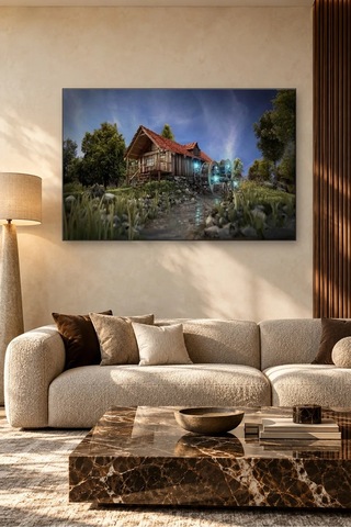 Fida Gece Işıklı Su Değirmenli Ahşap Kulübe Canvas Tablo
