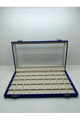 Yeni Cam Kapaklı Süet Lacivert Kumaş 45 Cm / 25 Cm Tırnaklı Bölmeli Yüzük Tablası