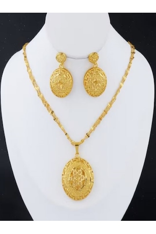24k Altın Kaplama Etnik Kolye Ve Küpe Takı Seti Altın