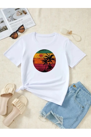 Amorluxe Kadın Kısa Kollu Palmiye Baskılı Viskon T-shirt Beyaz