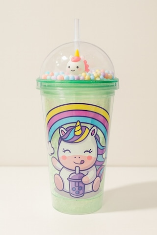 Renkli Boncuklu Unicorn Tasarımlı Pipetli İçecek Bardağı Çocuklar İçin Sevimli Suluk Yeşil 2646 Çok Renkli