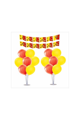 2 Adet Ayaklı Balon Standı 7li Set, 14 Adet Taraftar Sarı-kırmızı Balon + Banner Tüm Yaşlar