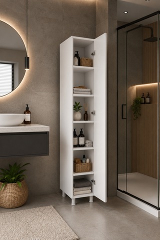Renazzo %100 Mdf Tek Kapaklı 5 Raflı Çok Amaçlı Banyo Mutfak Kiler Beyaz