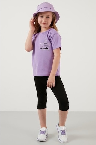 Lela Baskılı Bisiklet Yaka Pamuklu Kız Çocuk T Shirt 6211046 Lila