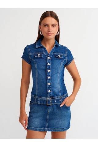 Dilvin Düğmeli Denim Mini Elbise Mavi