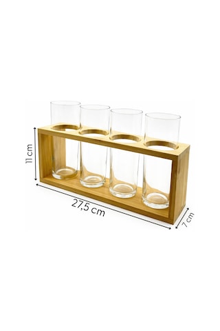 Felicia - 4'lü Bambu Standlı Cam Dekoratif Vazo Çiçeklik Organizer Set Şeffaf