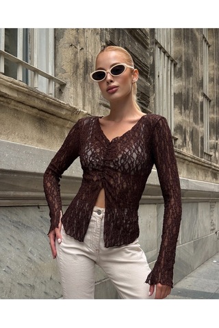 Kadın V Yaka Full Esnek Dantel Bürümcük Spor Şık Tasarım Asimetrik Kesim Gece Bluzu Kahverengi