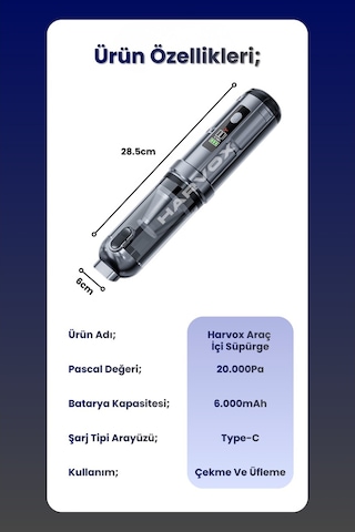 Harvox Araç İçi Süpürge 20.000pa Güçlü Vakum Ve Üfleme Özelliği Kablosuz Taşınabilir 6000mah Bataryalı Led Aydınlatmalı