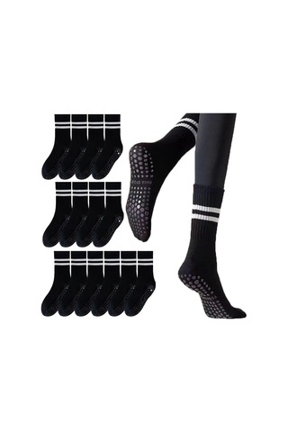 Padalink 8 Çift Siyah Profesyonel Antir Kayma Yoga Çorapları - Pilates, Barre, Dans İçin Orta Boy Spor Çorapları Diğer