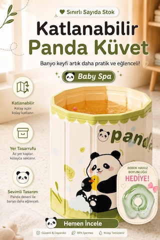 Baby Spa Panda Desenli Portatif Bebek Ve Çocuk Küveti - Katlanabilir Oyun Havuzu + Boyun Simidi