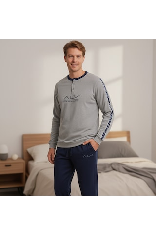 Bonbon Erkek Pamuklu Bohçalık Ve Çeyizlik Gri Melanj - Lacivert Renk Pijama Takımı Al003 V2