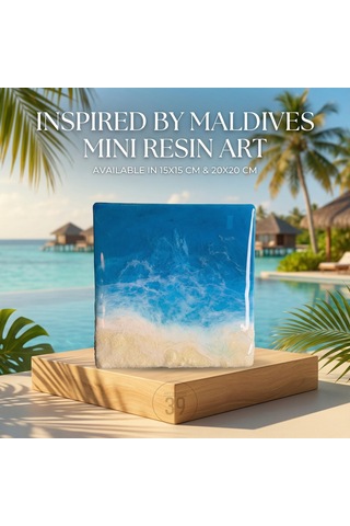 Maldivler İlhamlı Mini Epoksi Okyanus Tablosu, El Yapımı Resin Duvar Sanatı, 15x15 & 20x20 Cm 1 Adet