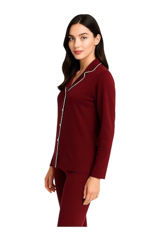 Kadın Bordo Düğmeli Uzun Kol Pijama Takımı Kırmızı