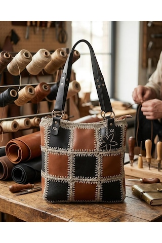 İlkecantadunyasi İlke Çanta Dünyası El Yapımı Patchwork Taba-siyah Deri Büyük Boy Tote El - Omuz Çantası Taba - Siyah