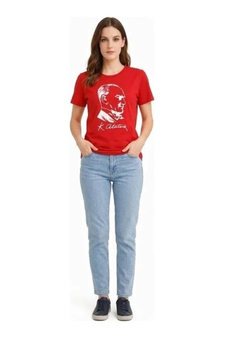 Valensdesign Atatürk Baskılı Tişört Kısa Kollu Bisiklet Yaka T-shirt - Kırmızı